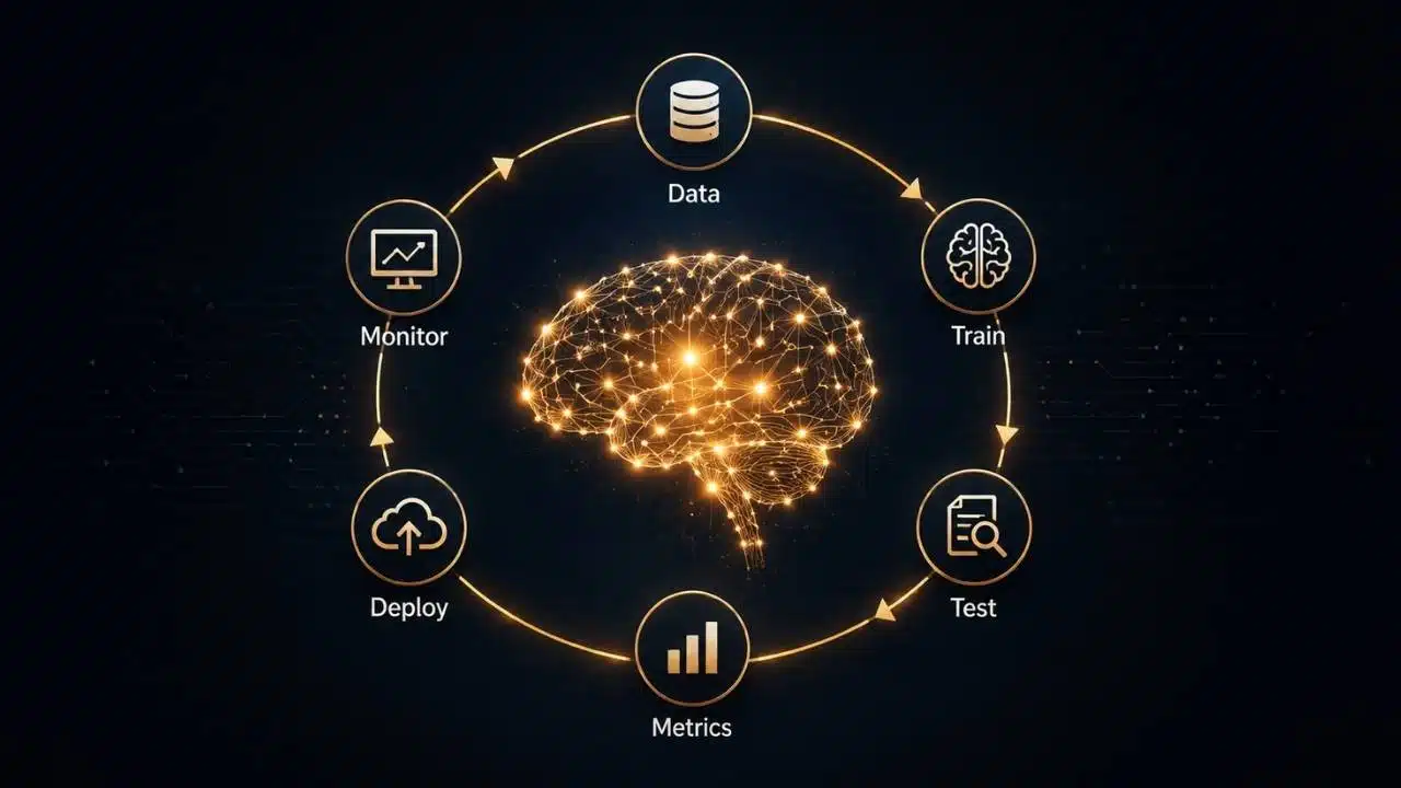 How to Evaluate an AI Model using data, training, testing, metrics, deployment, and monitoring stages.