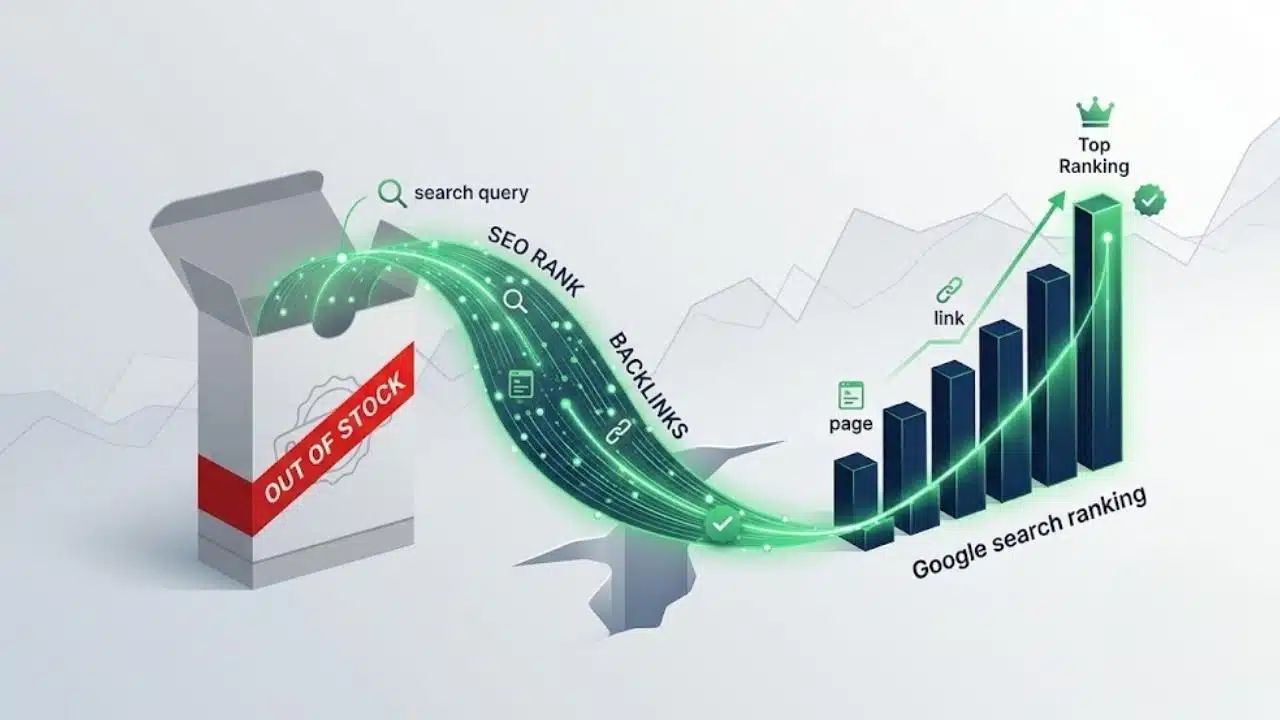 Visual illustration for Out of Stock SEO showing a glowing green stream of rank equity and backlinks bridging an out-of-stock product box to a rising Google search ranking chart.