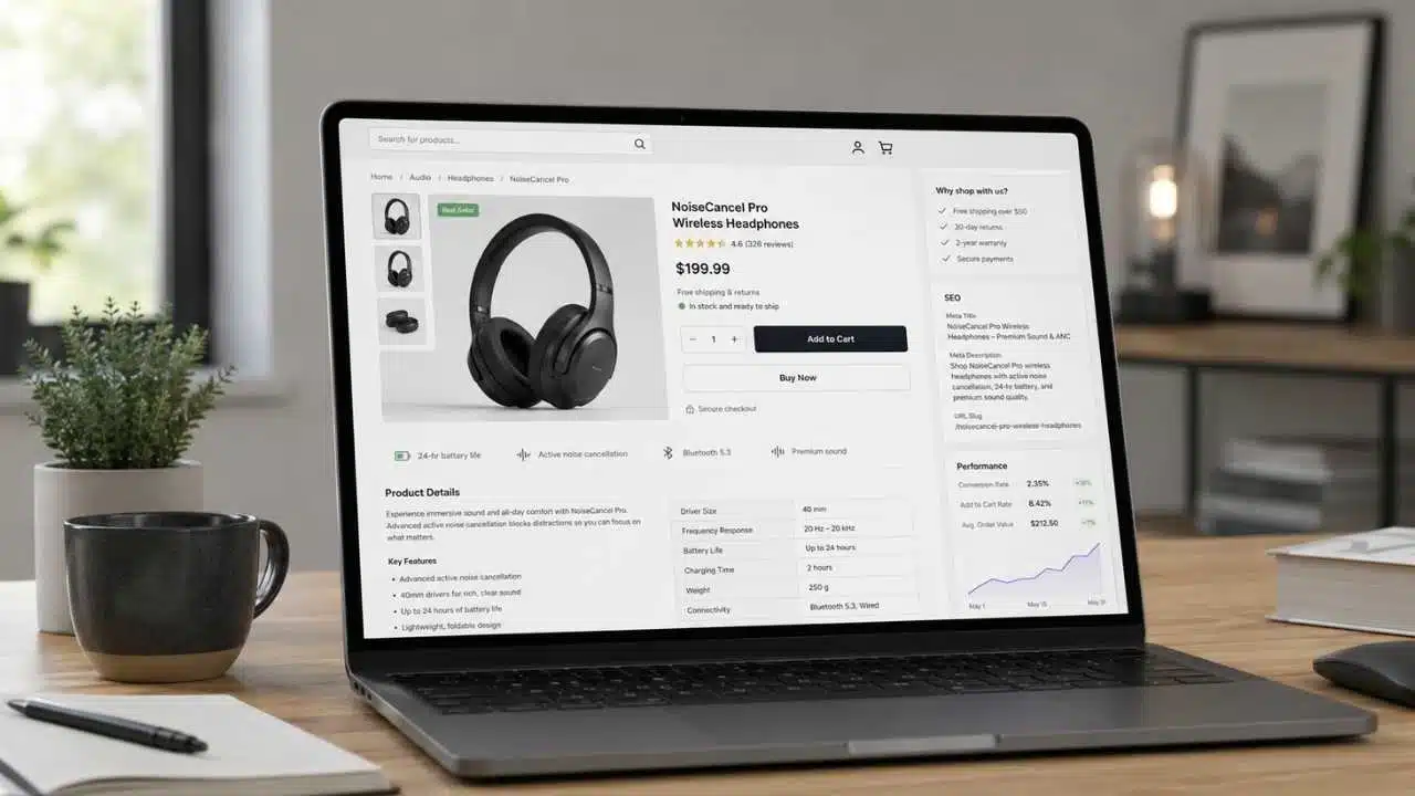 E-commerce product page optimization guide showing metadata, product descriptions, and performance charts on a laptop screen.