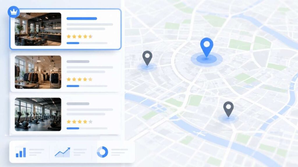 An SEO-optimized interface design showing three local business listings with five-star ratings alongside a map with location pins, illustrating the strategies to rank in Google Map Pack.