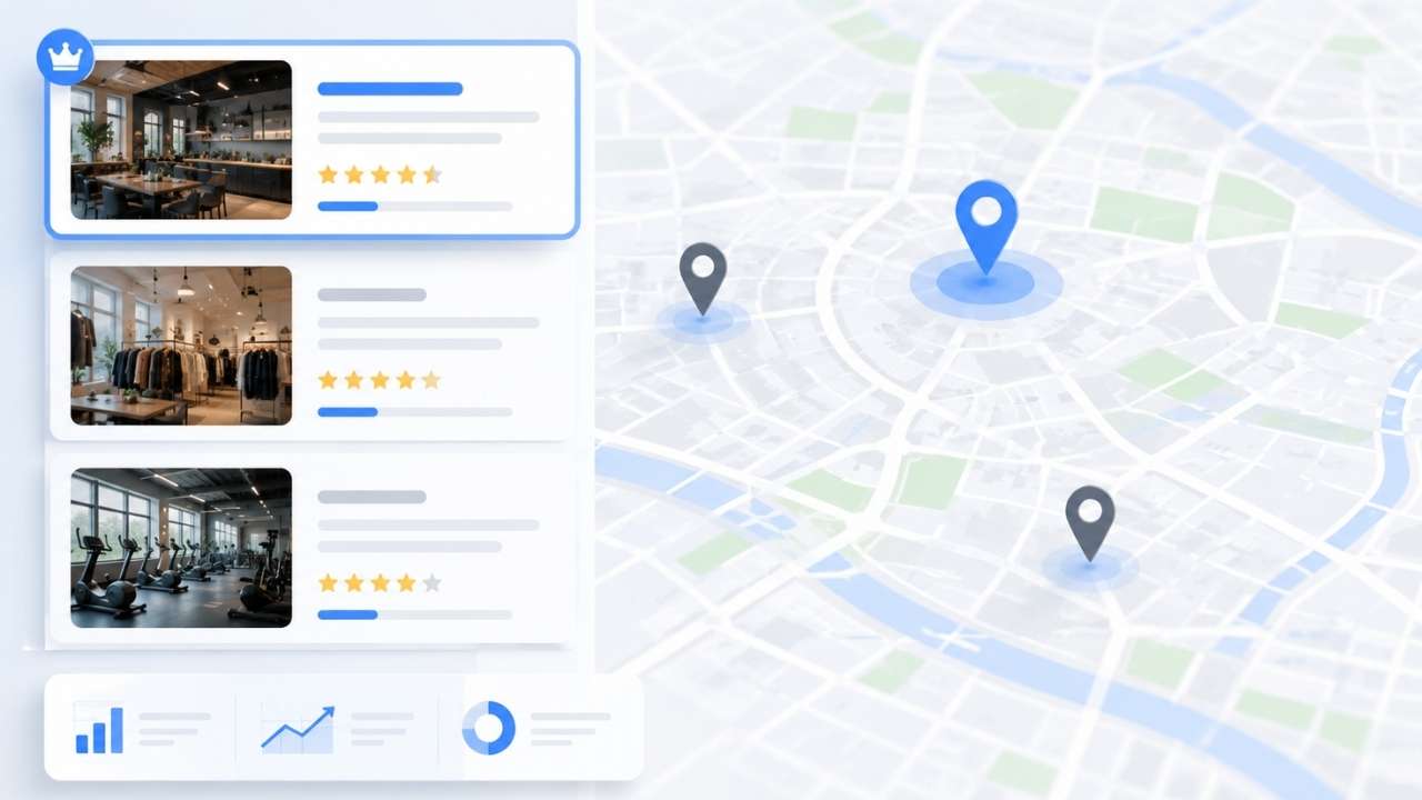 An SEO-optimized interface design showing three local business listings with five-star ratings alongside a map with location pins, illustrating the strategies to rank in Google Map Pack.