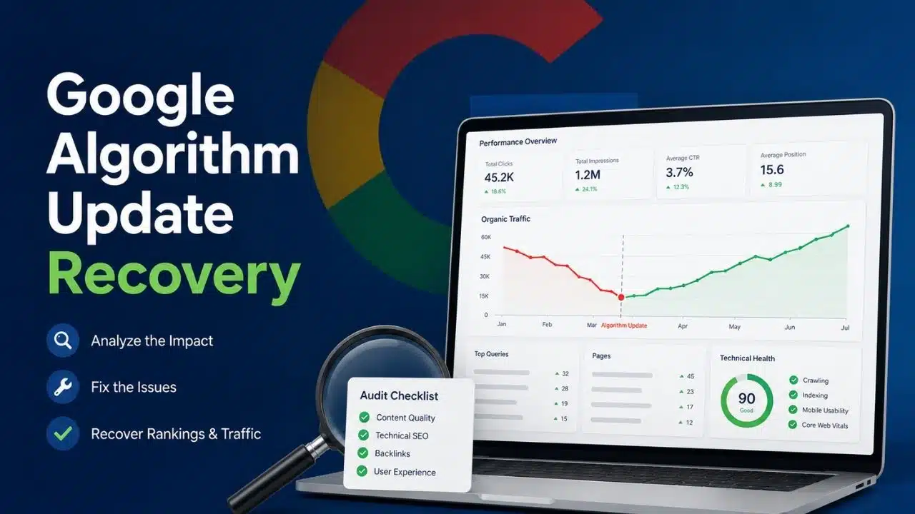 Google algorithm update recovery guide featuring an SEO performance dashboard and audit checklist.