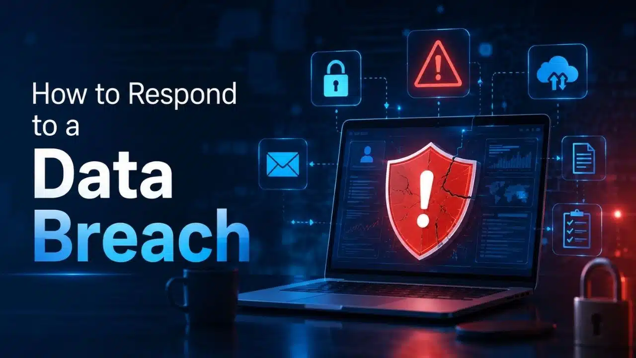 How to Respond to a Data Breach with a warning shield and cybersecurity response icons.