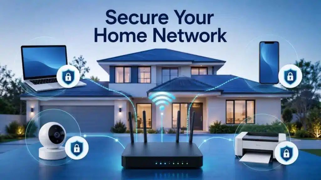 Secure your home network with a protected Wi-Fi router connecting a laptop, smartphone, security camera, and printer.