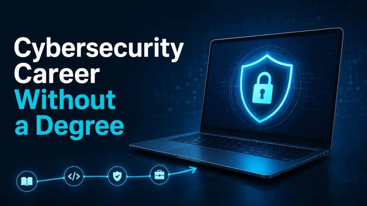 Cybersecurity career without a degree illustrated with a laptop, security shield, coding, learning, and job progression icons.