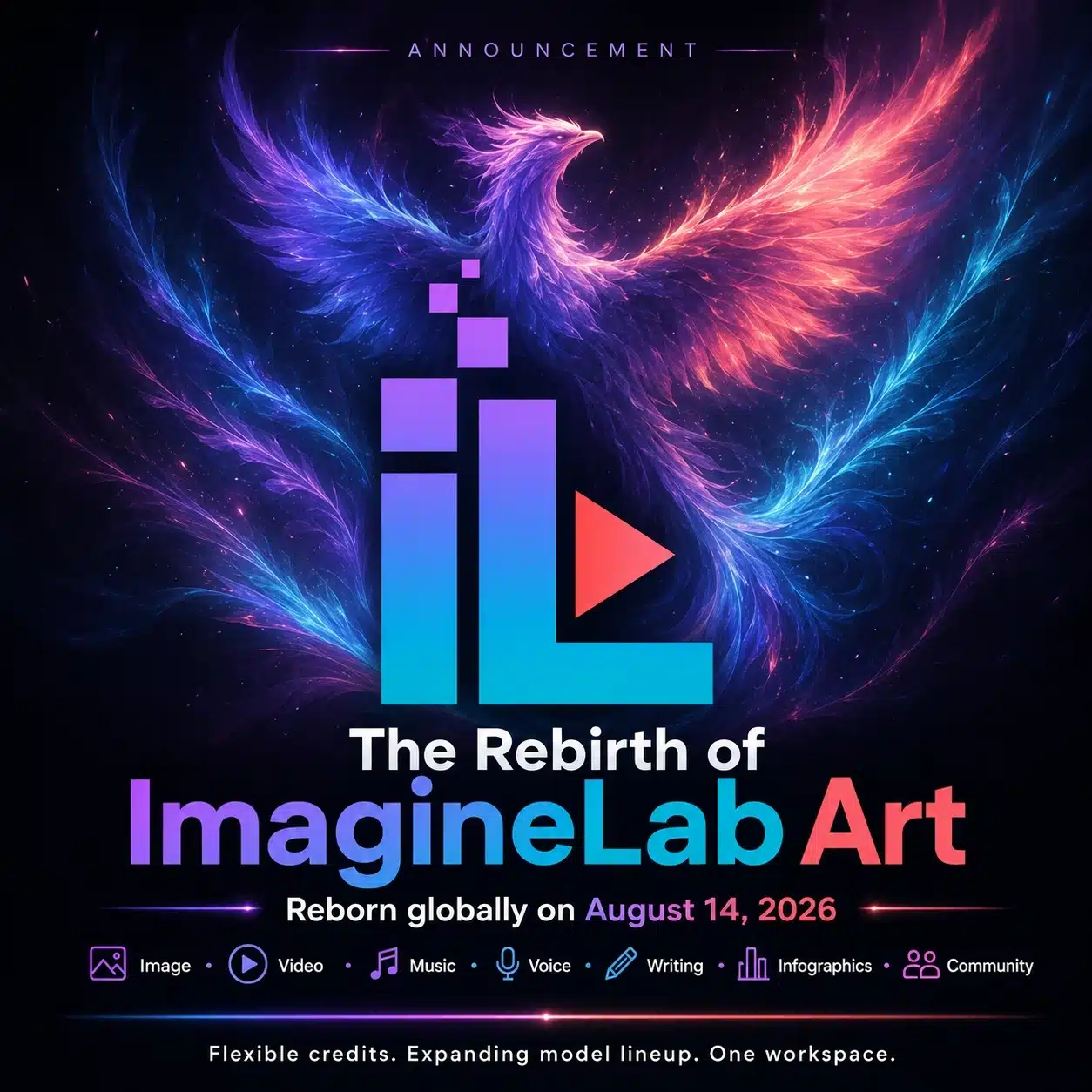ImagineLab Art rebirth announcement featuring a glowing phoenix, the ImagineLab Art logo, and its creative AI workspace launch on August 14, 2026.