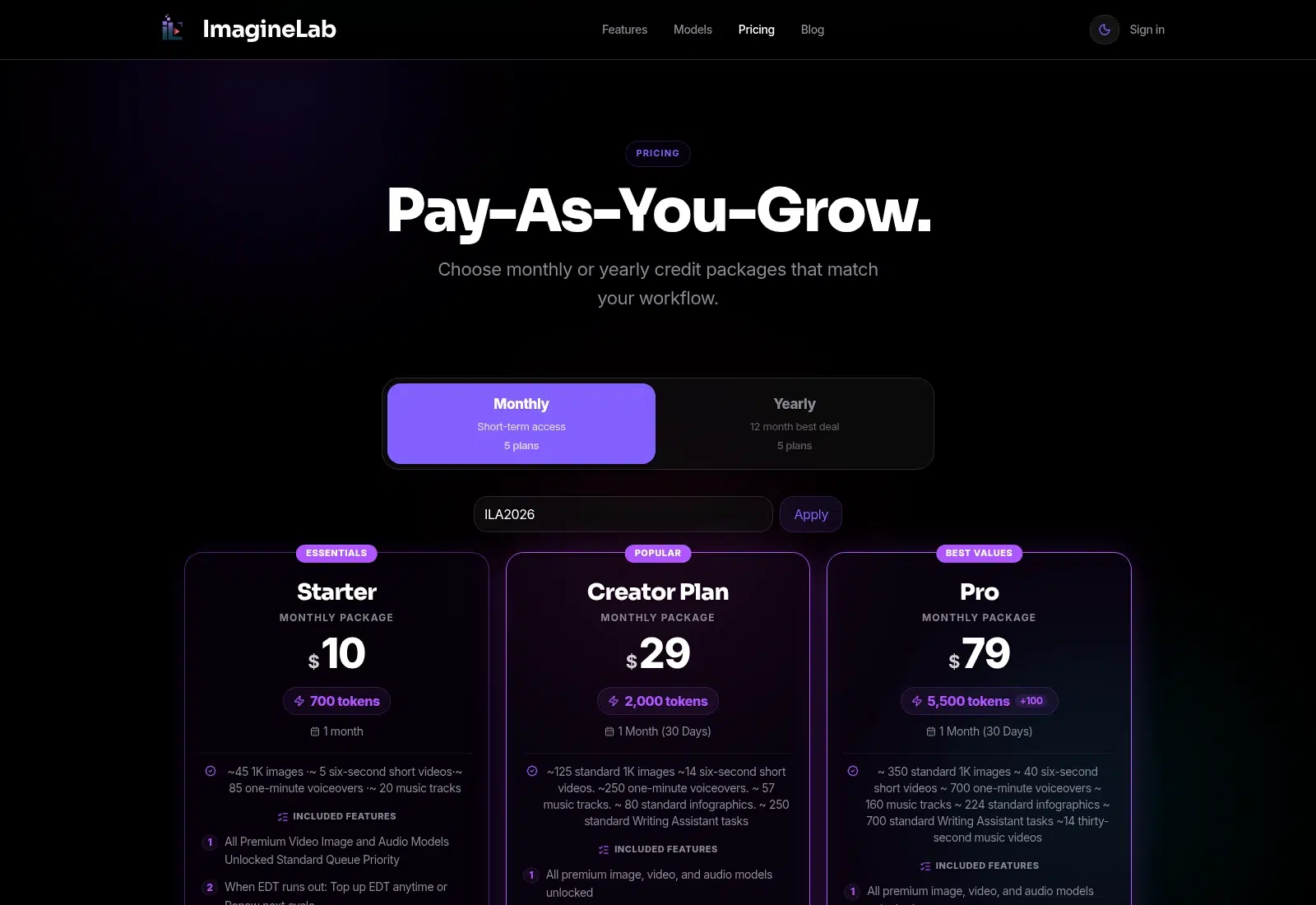 ImagineLab pricing page showing plan tiers