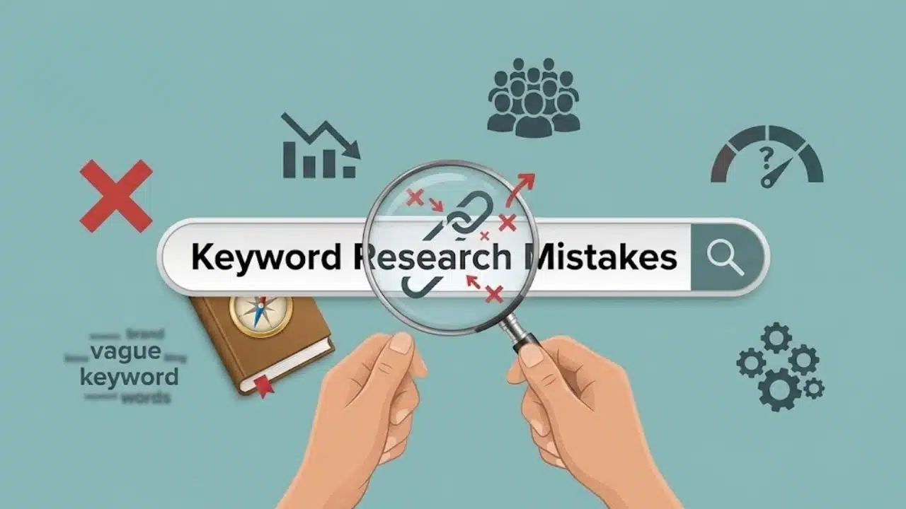 A search bar with text that says 'Keyword Research Mistakes' being inspected by a magnifying glass surrounded by symbols of failure