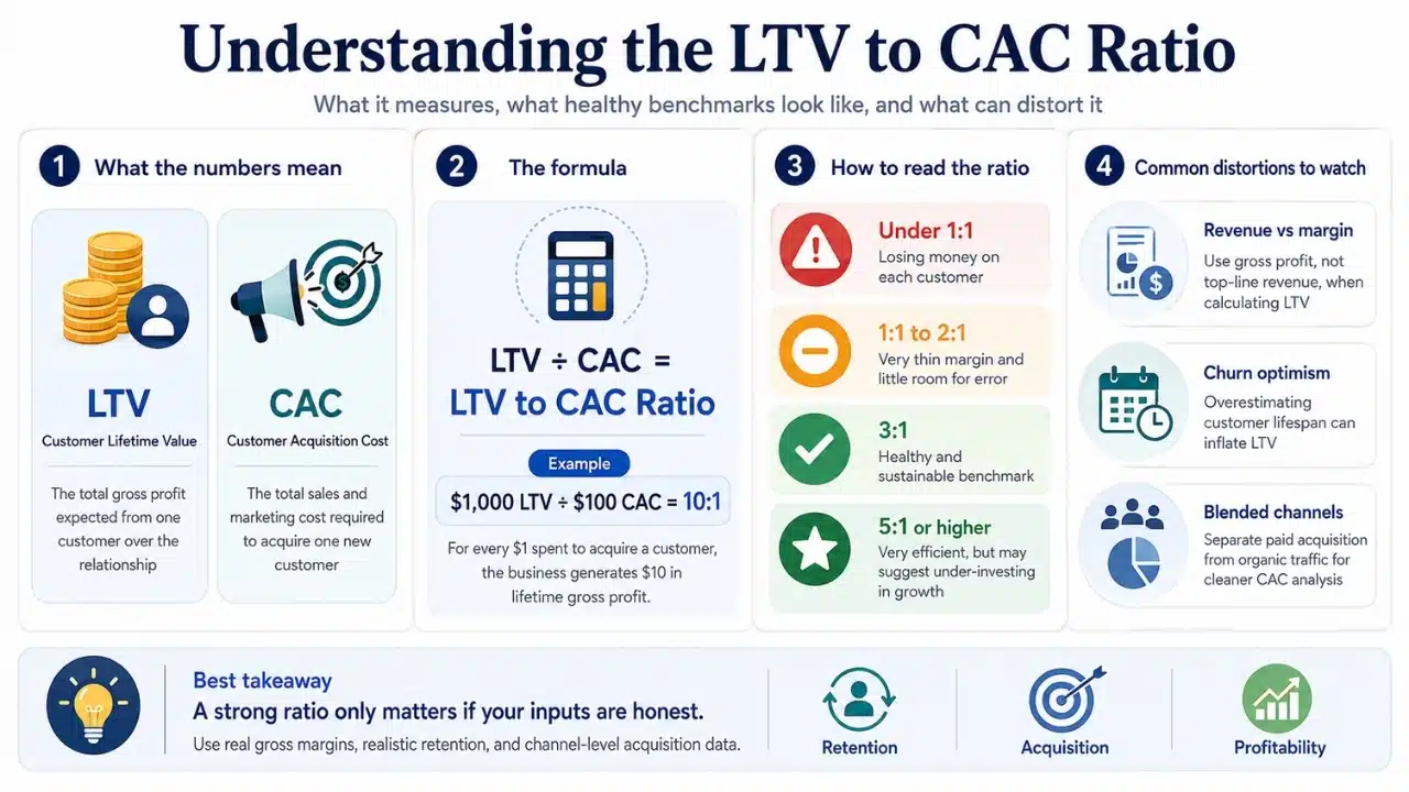 Infographic explaining LTV, CAC, the ratio formula, healthy benchmarks, and common calculation mistakes that can distort the metric.