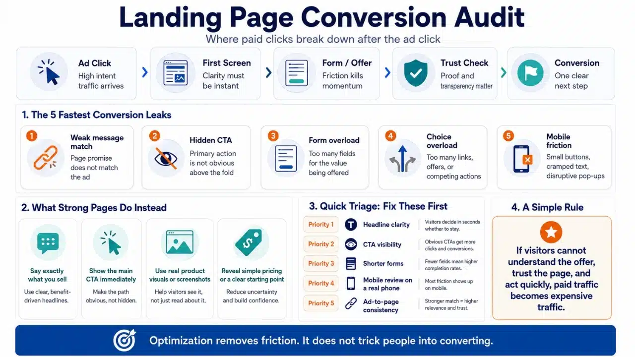 Infographic showing a landing page conversion audit with common conversion leaks, stronger page practices, and quick fixes to improve paid traffic performance.