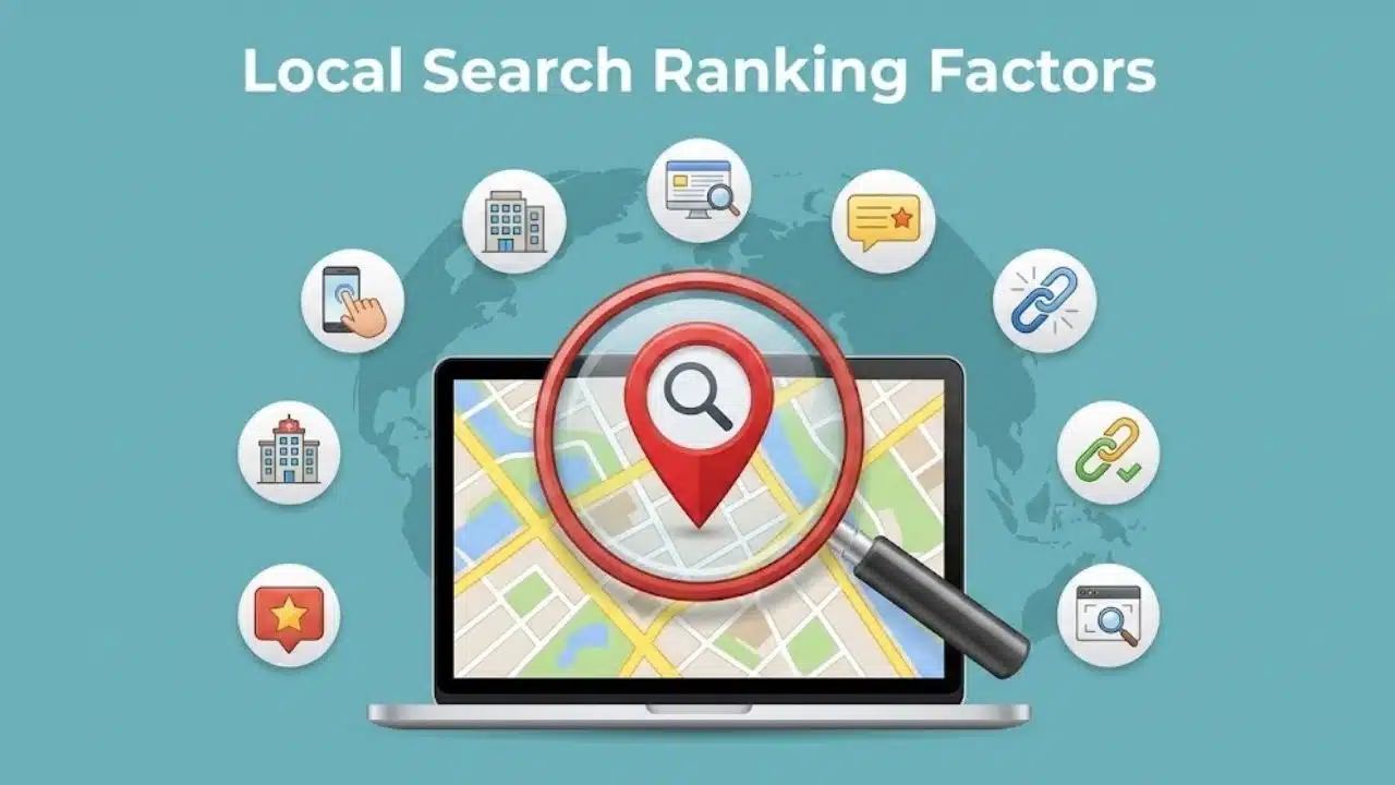 Local Search Ranking Factors diagram showing a digital map and optimization icons for local SEO