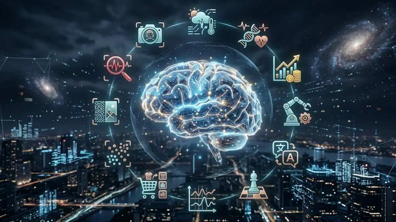 Infographic showing a glowing neural network brain surrounded by various machine learning project ideas like chatbots, image classification, and fraud detection