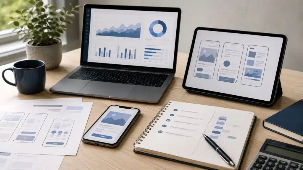 Mobile app for your business planning shown with app wireframes, performance analytics, budgeting notes, and multiple devices used to evaluate development decisions.