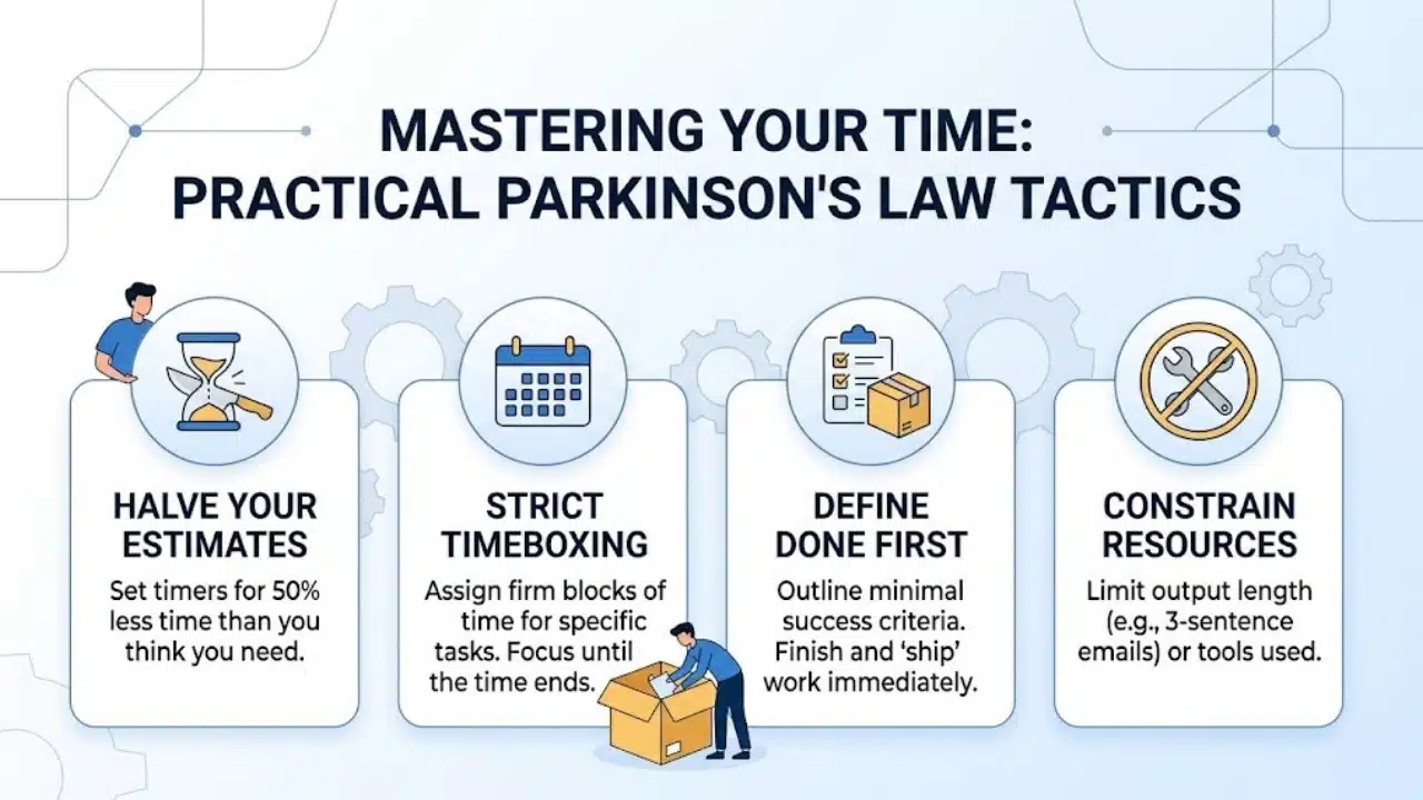 A side-by-side comparison showing an open-ended schedule causing task inflation versus a constrained timeline driving focus, helping viewers understand how artificial deadlines boost efficiency.