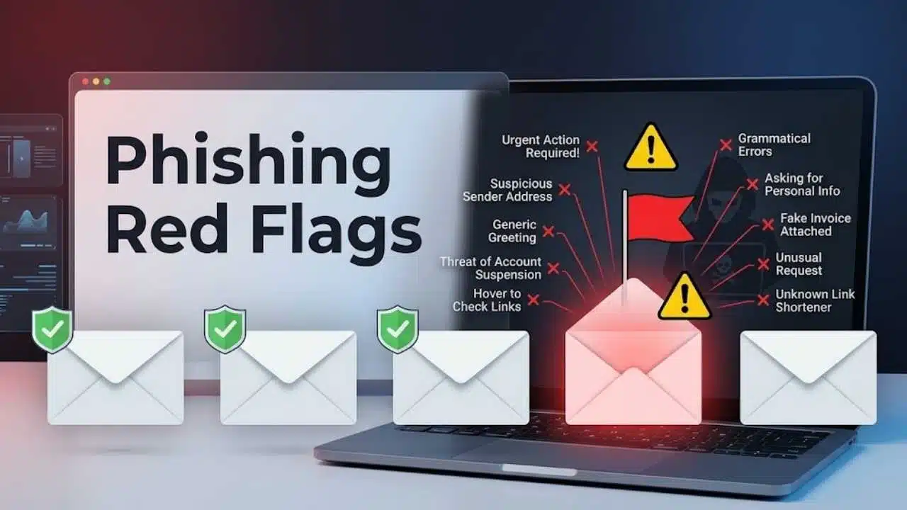 A security infographic on a laptop screen listing specific 'phishing red flags' and warning icons, contrasting standard and suspicious emails
