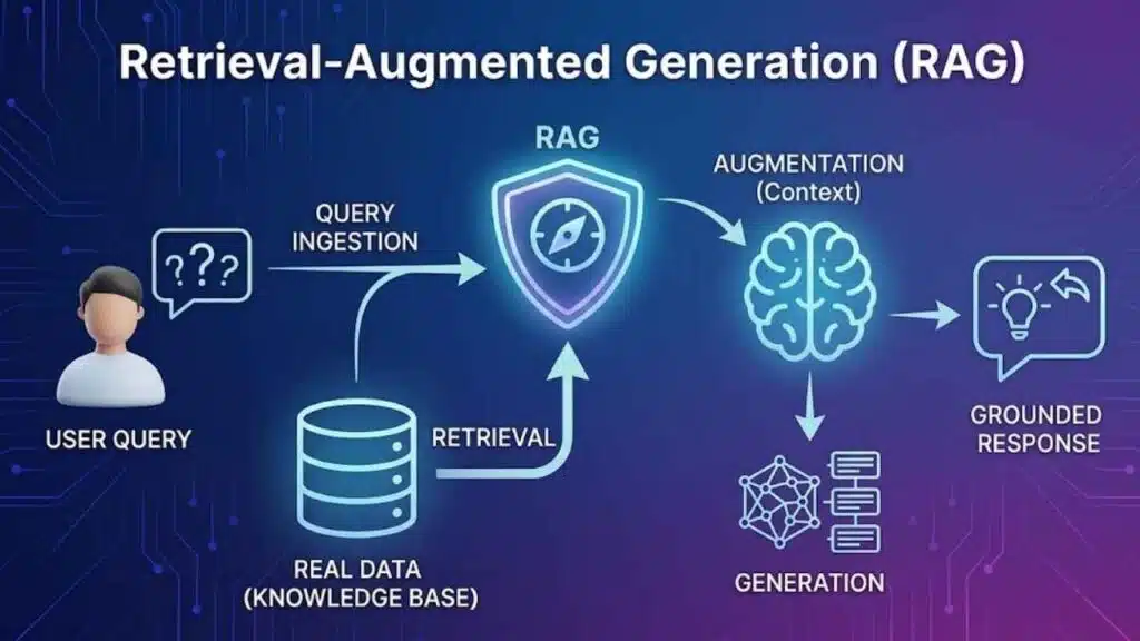 Infographic illustrating the Retrieval-Augmented Generation (RAG) process for AI, showing data retrieval, context augmentation, and generation for a grounded response.