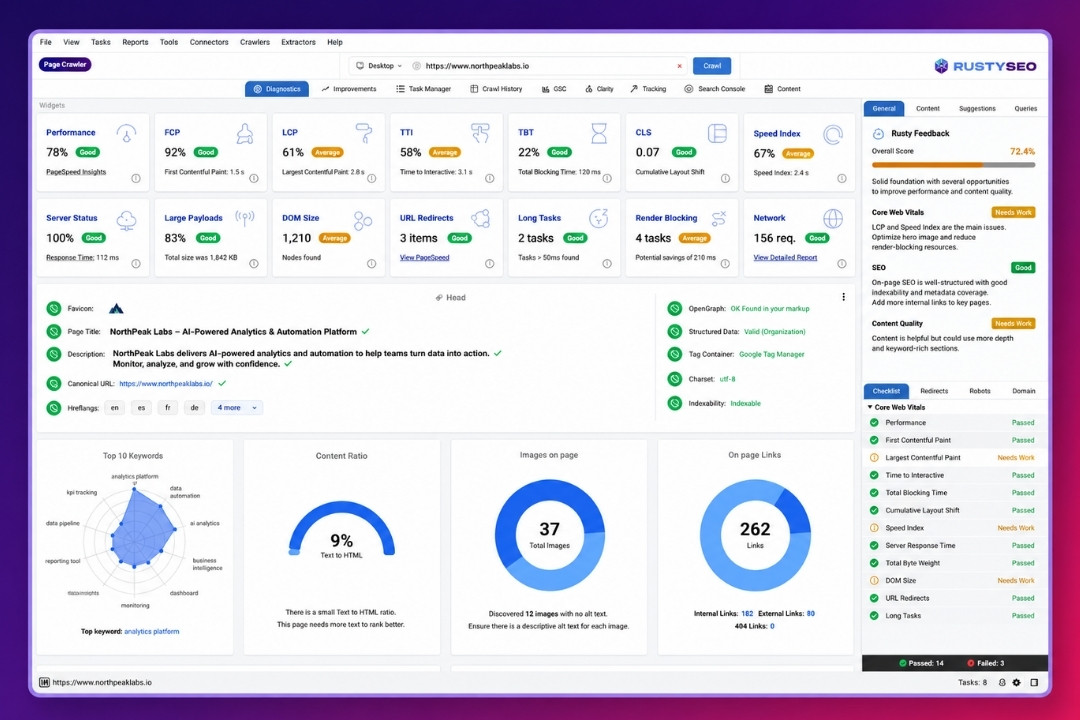 RustySEO dashboard showing a fictional website’s performance metrics, Core Web Vitals, links, images, and technical SEO findings.