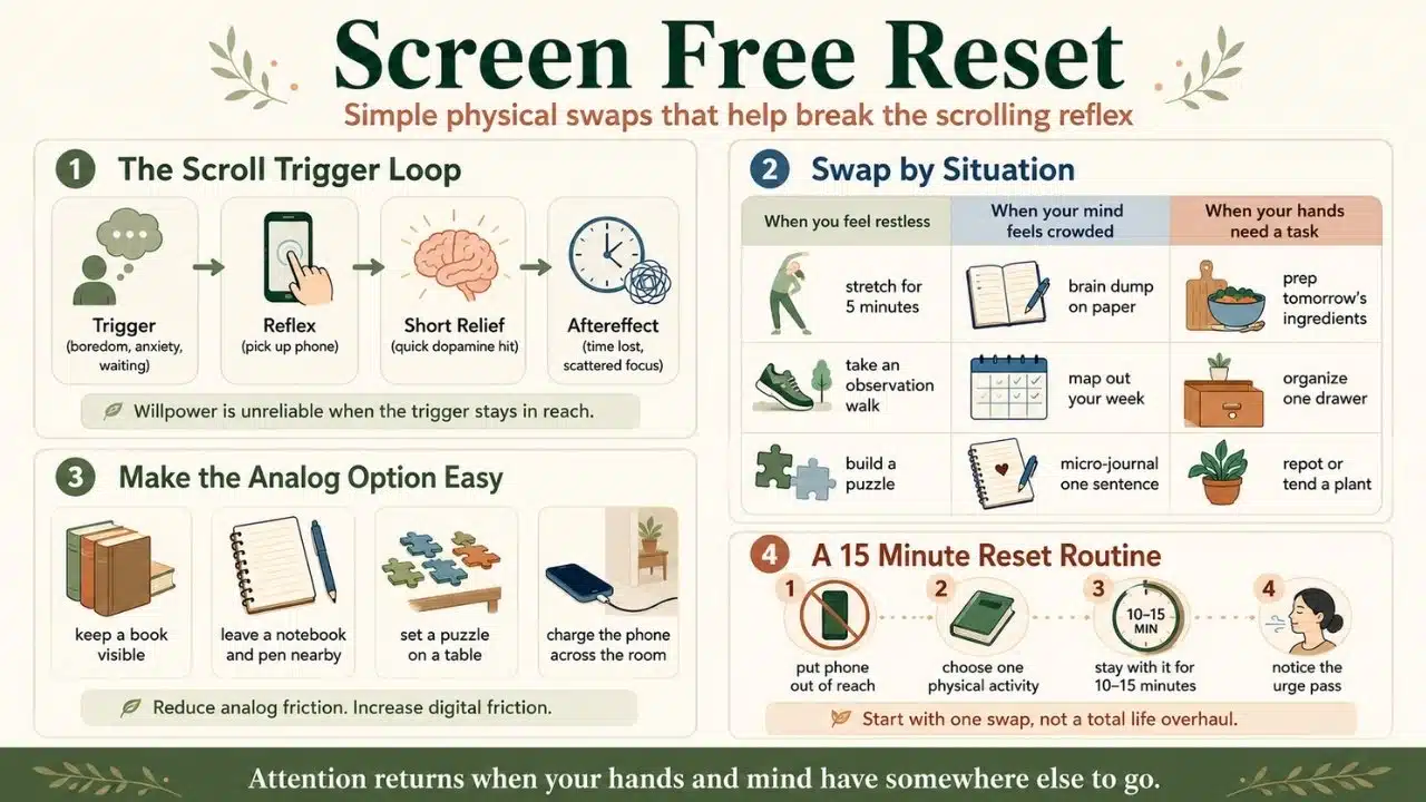 Infographic showing screen free activity swaps, common scrolling triggers, analog habit ideas, and a simple reset routine to reduce phone use.