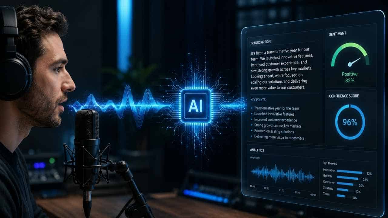 A person speaking into a microphone with glowing audio waves passing through an AI chip to display real-time text transcription and positive sentiment analysis metrics on a screen.