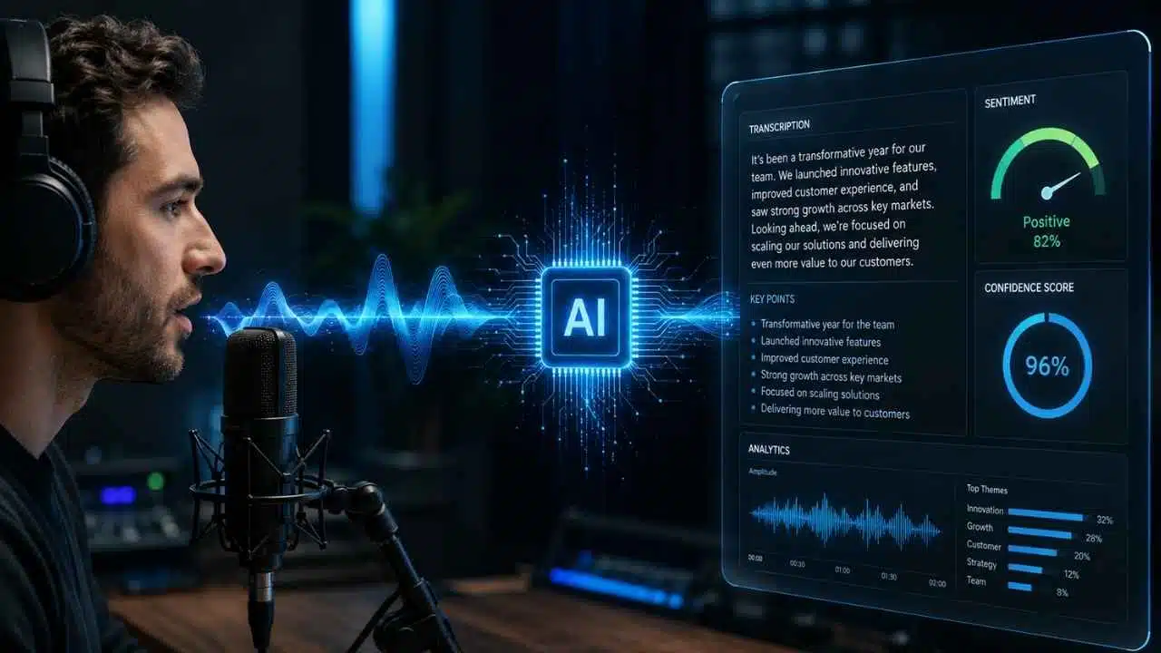 A person speaking into a microphone with glowing audio waves passing through an AI chip to display real-time text transcription and positive sentiment analysis metrics on a screen.