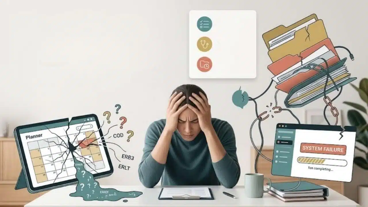 An overwhelmed person surrounded by broken digital tools and disorganized files, illustrating clear signs your productivity system is failing, such as organization overload, tool hopping, and endless reprioritizing