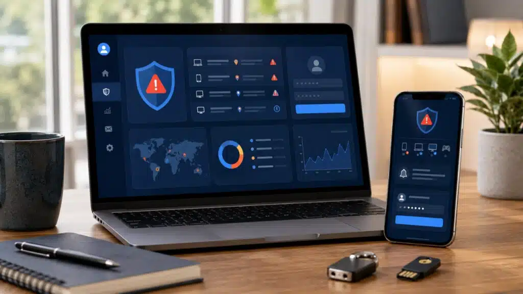 Signs of a compromised account shown on a laptop and phone with security alerts, suspicious login activity, and account protection tools to help readers recognize warning signals early.