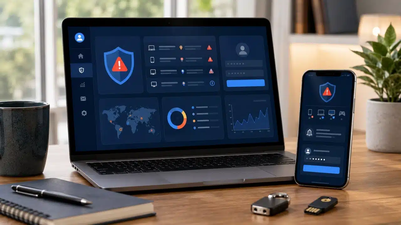 Signs of a compromised account shown on a laptop and phone with security alerts, suspicious login activity, and account protection tools to help readers recognize warning signals early.