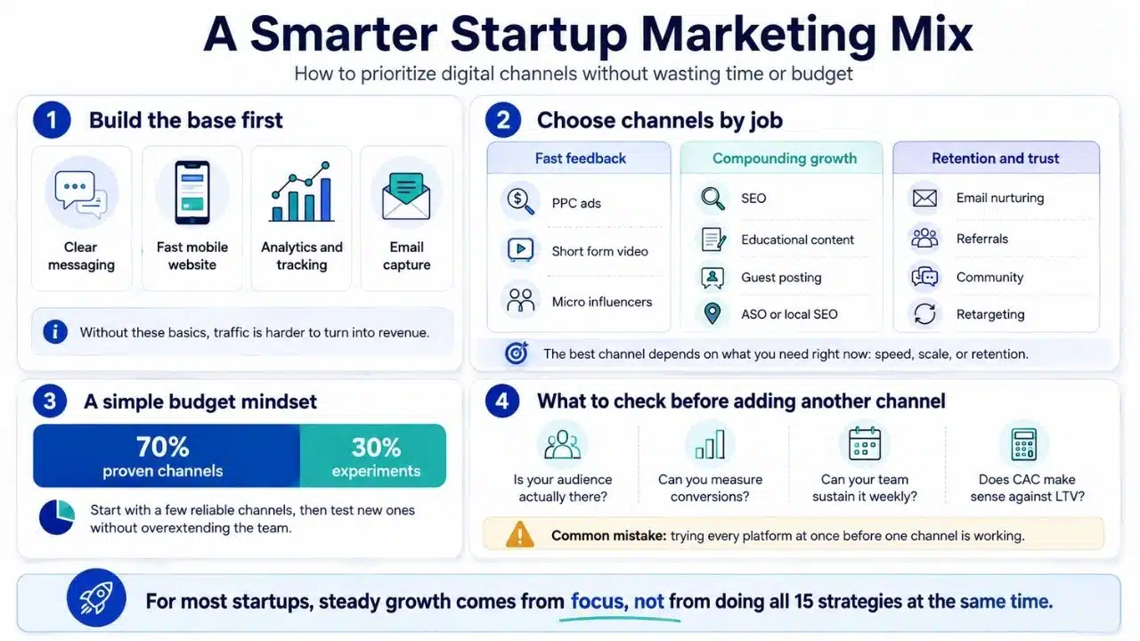 Infographic showing how startups can prioritize marketing foundations, growth channels, budgets, and performance checks without spreading resources too thin.