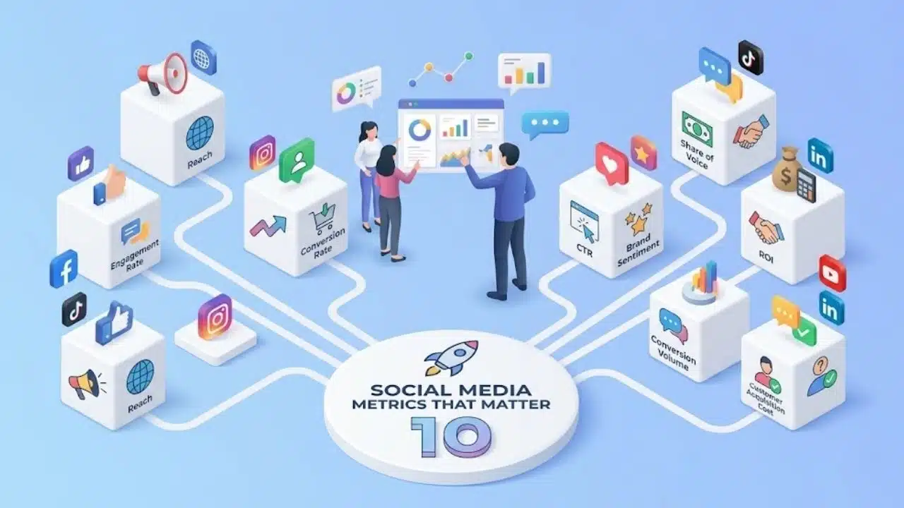 Diagram of 10 essential social media metrics that matter for digital marketing strategy and analytics