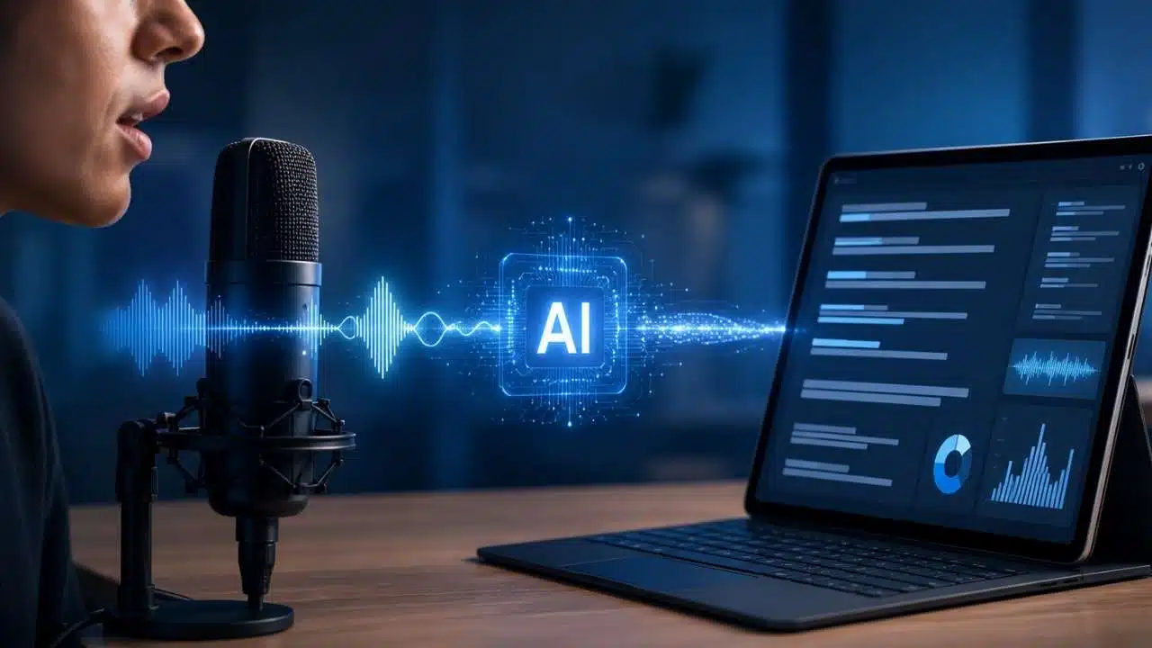 Person speaking into a microphone with AI sound wave graphics illustrating speech recognition technology transcribing voice to text on a laptop.