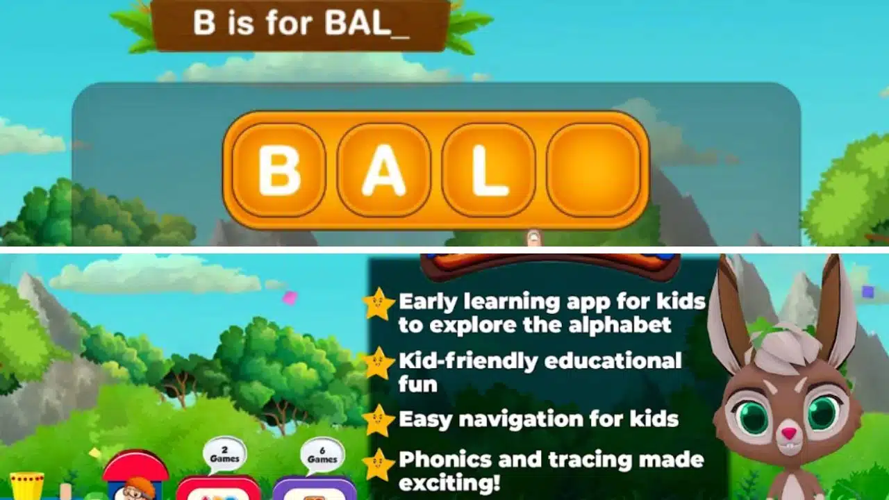 Split Screenshot Show the Mobile Game Alphabet Magic Trace and phonics