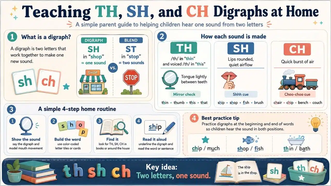 Infographic explaining TH SH and CH digraphs, mouth positions, example words, sound cues, and a simple home practice routine for young readers.