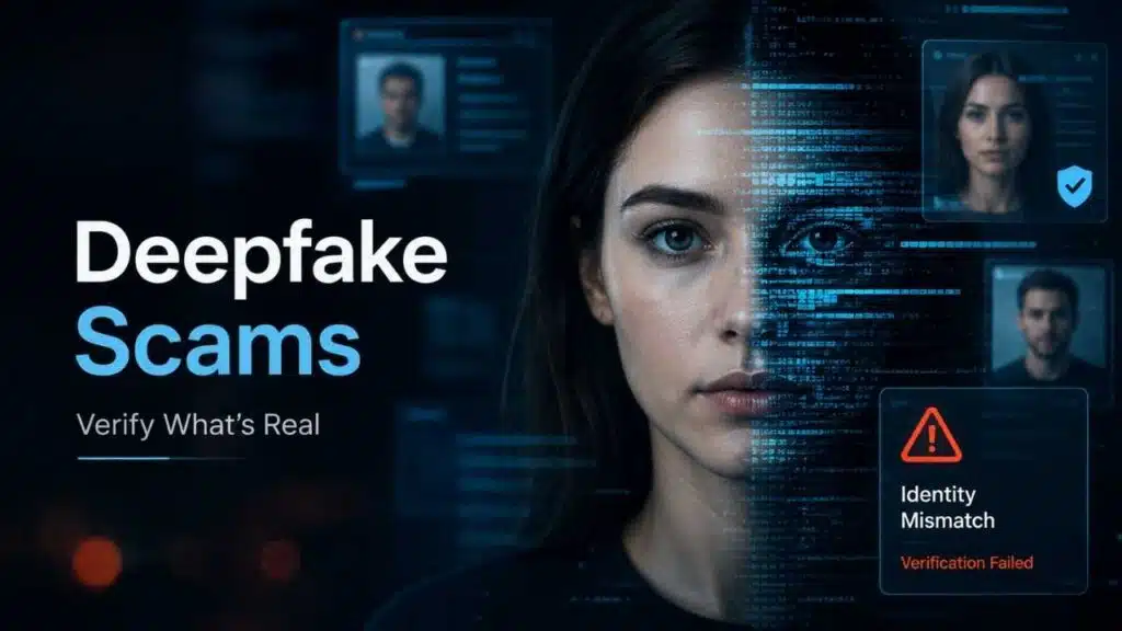 Deepfake Scams visual showing a digitally manipulated face with verification alerts and identity mismatch warning.