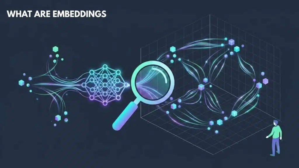 A stylized diagram answering the question 'What Are Embeddings,' showing a neural network transforming unstructured data into connected 3D vector points on a coordinate grid