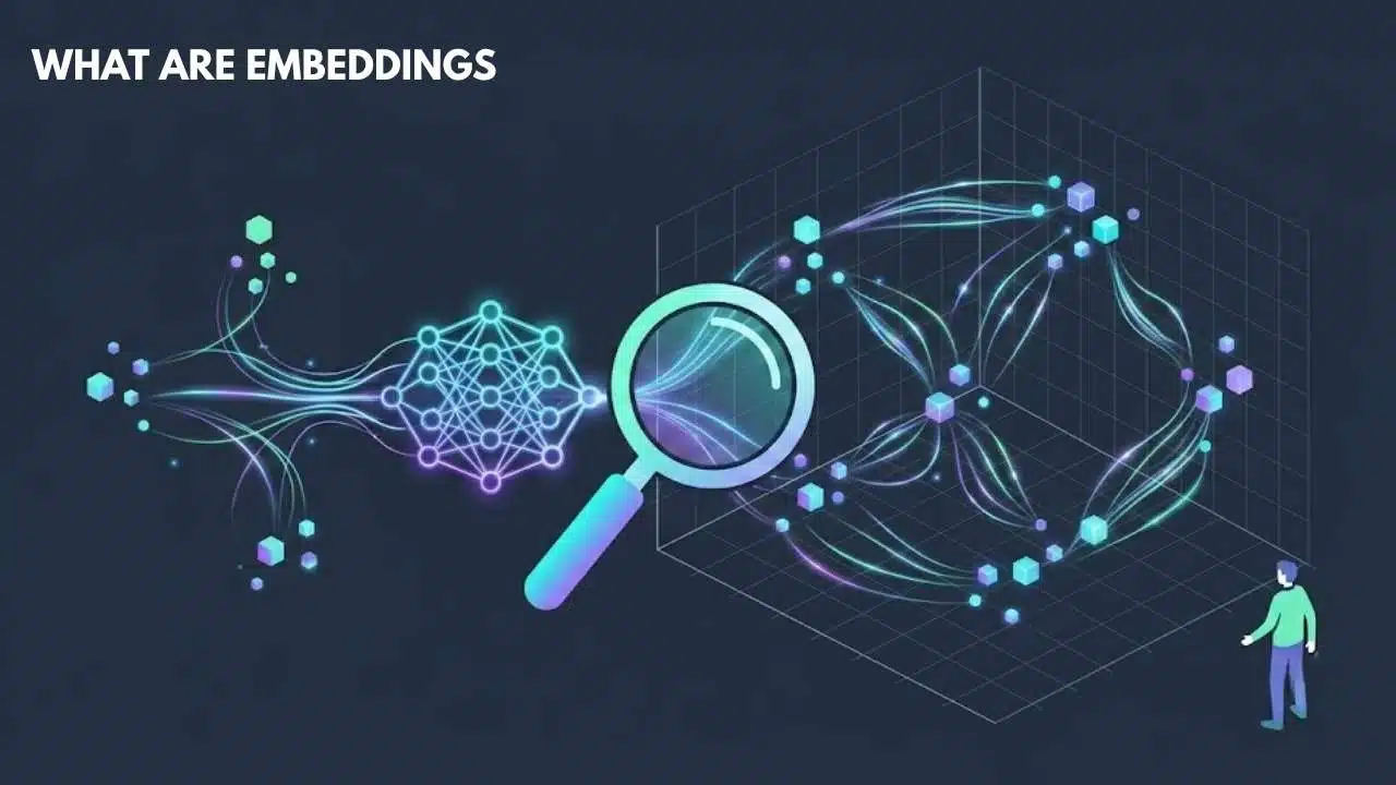 A stylized diagram answering the question 'What Are Embeddings,' showing a neural network transforming unstructured data into connected 3D vector points on a coordinate grid