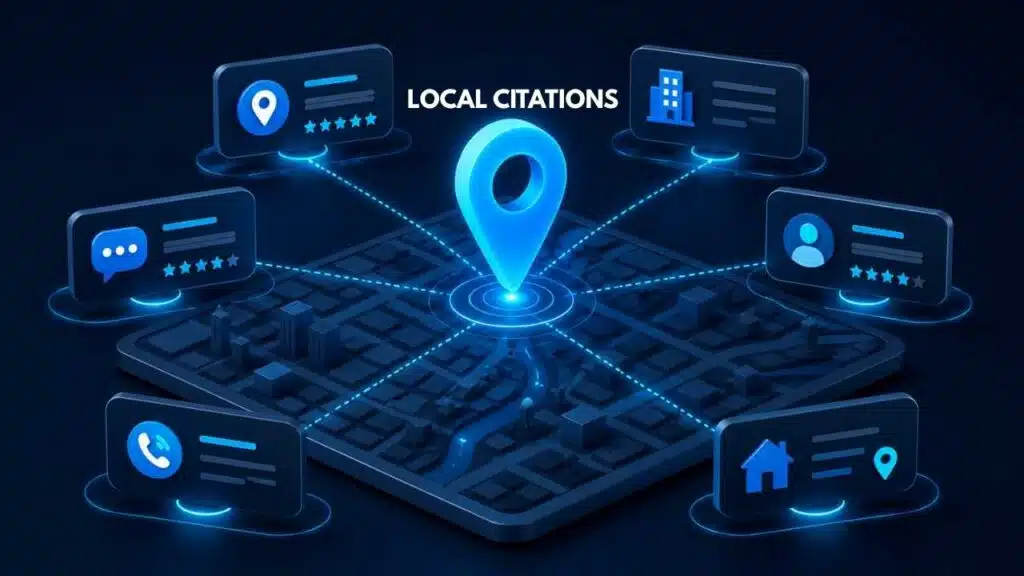 Interactive 3D map interface showing a glowing central pin marker connected to business directory cards, illustrating how local citations link business location data across online platforms.