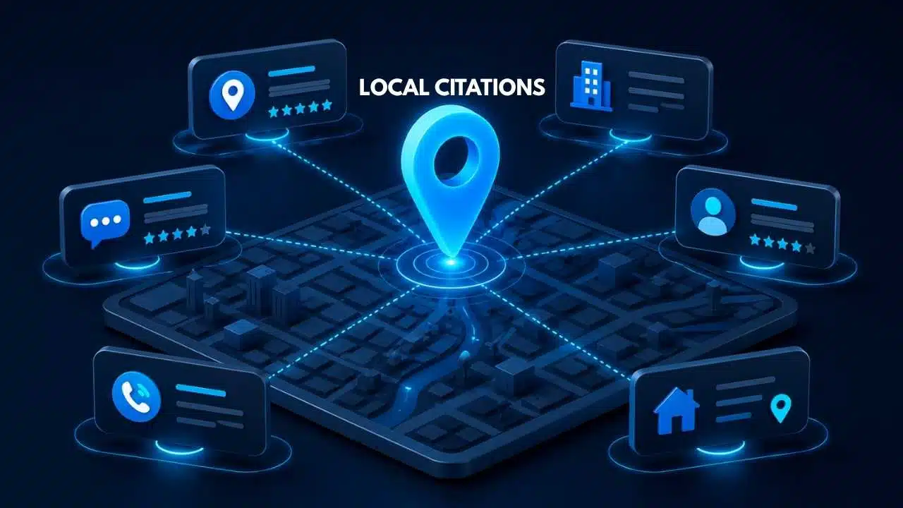Interactive 3D map interface showing a glowing central pin marker connected to business directory cards, illustrating how local citations link business location data across online platforms.
