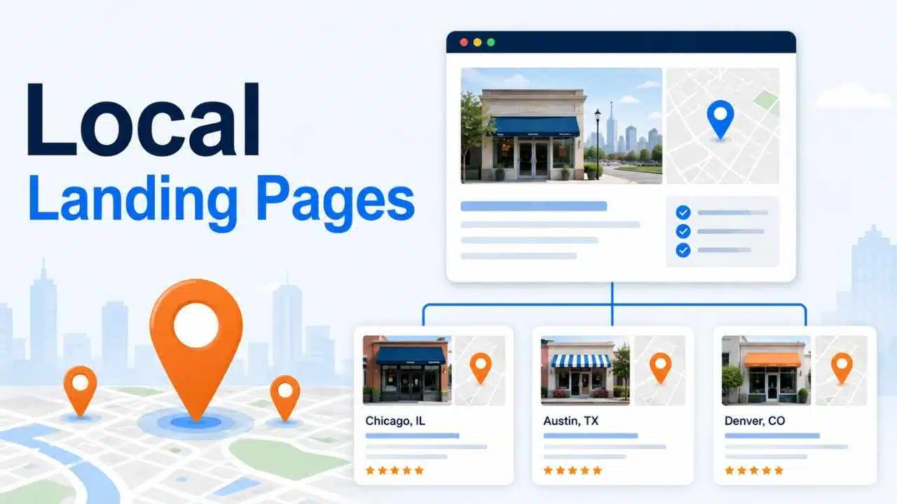 Local Landing Pages graphic showing a main location page connected to city-specific pages with map pins and storefront listings.