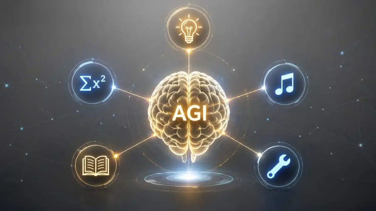 Diagram defining what is AGI through interconnected cognitive skill icons around a central brain.