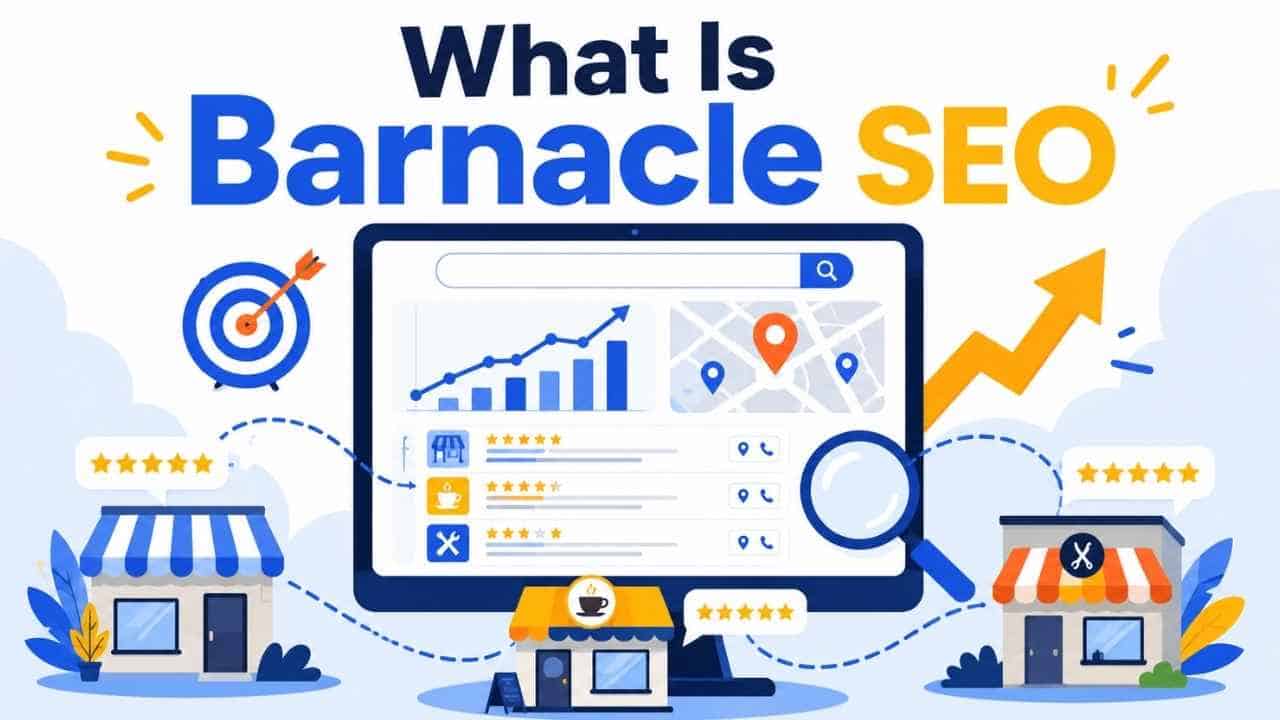 Barnacle SEO strategy diagram showing local business listings and review sites ranking on search engines