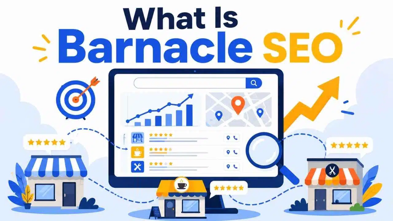Barnacle SEO strategy diagram showing local business listings and review sites ranking on search engines