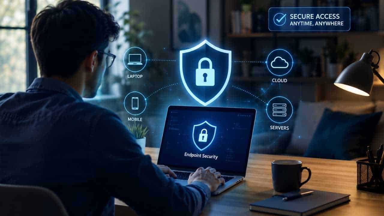 Endpoint security remote work solutions connecting laptops, mobile devices, and cloud networks securely.