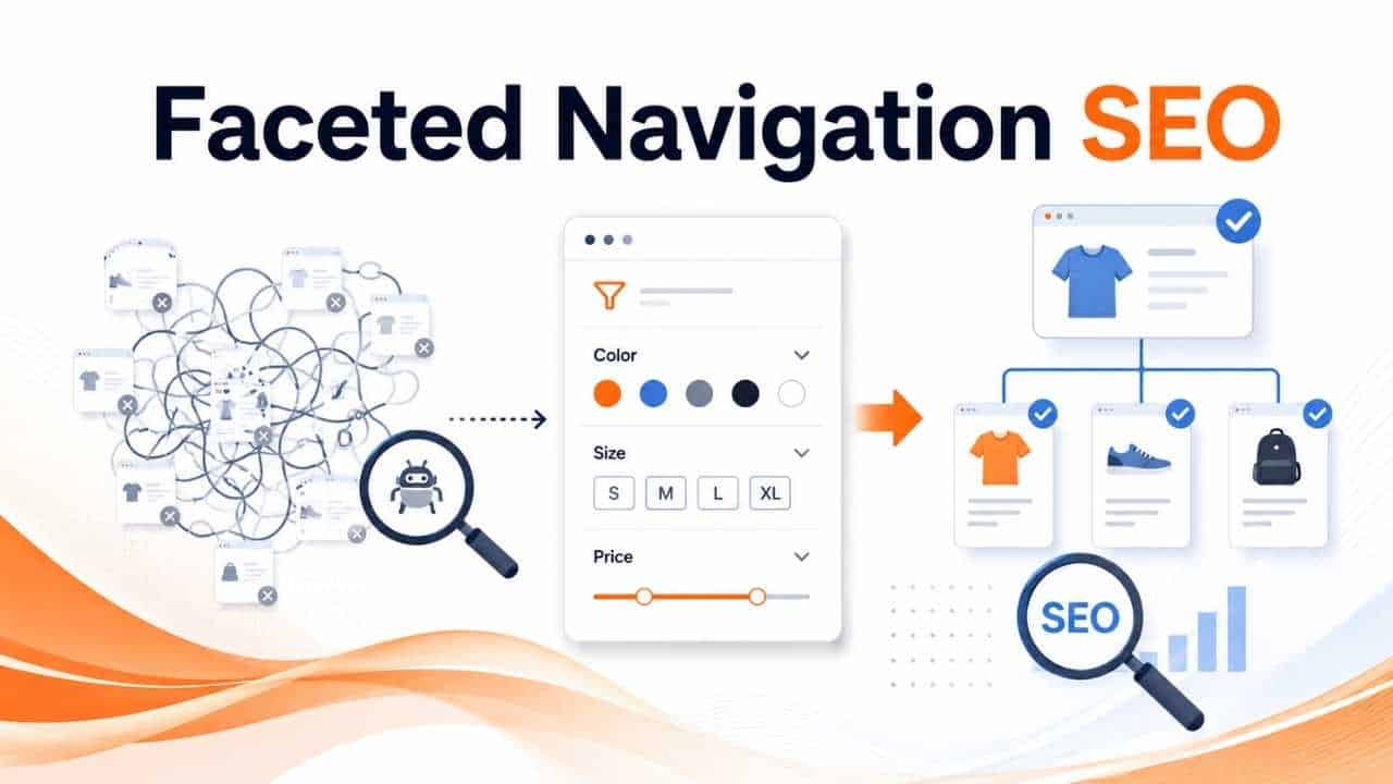 Faceted Navigation SEO diagram showing search crawler optimization for website filter options