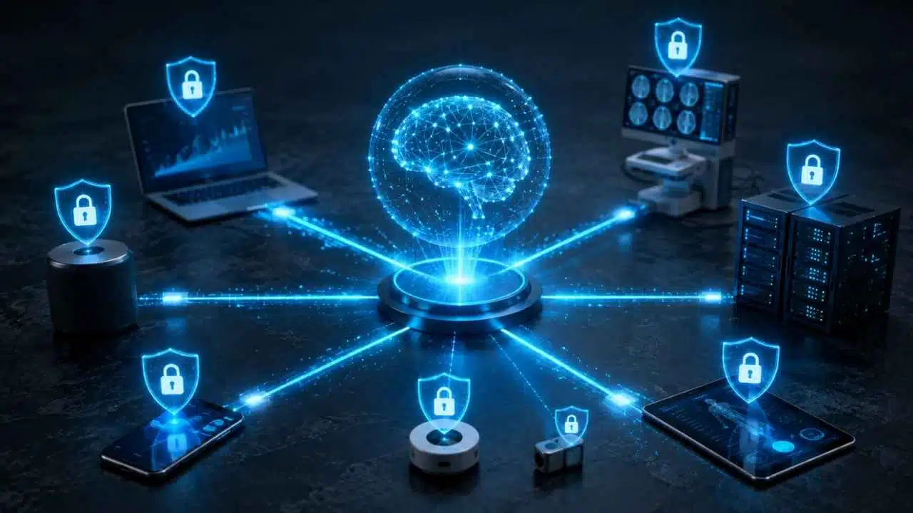 Decentralized network diagram illustrating federated learning with a glowing central AI brain model connected to protected edge devices and servers secured by padlock shields.