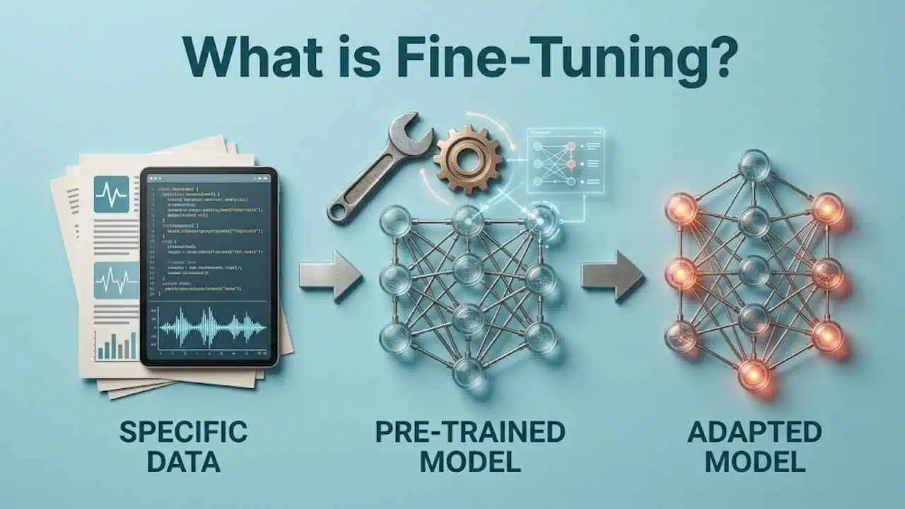 Diagram illustrating what is fine-tuning by showing specific data applied to a pre-trained AI model using a wrench and gear to create an adapted model.