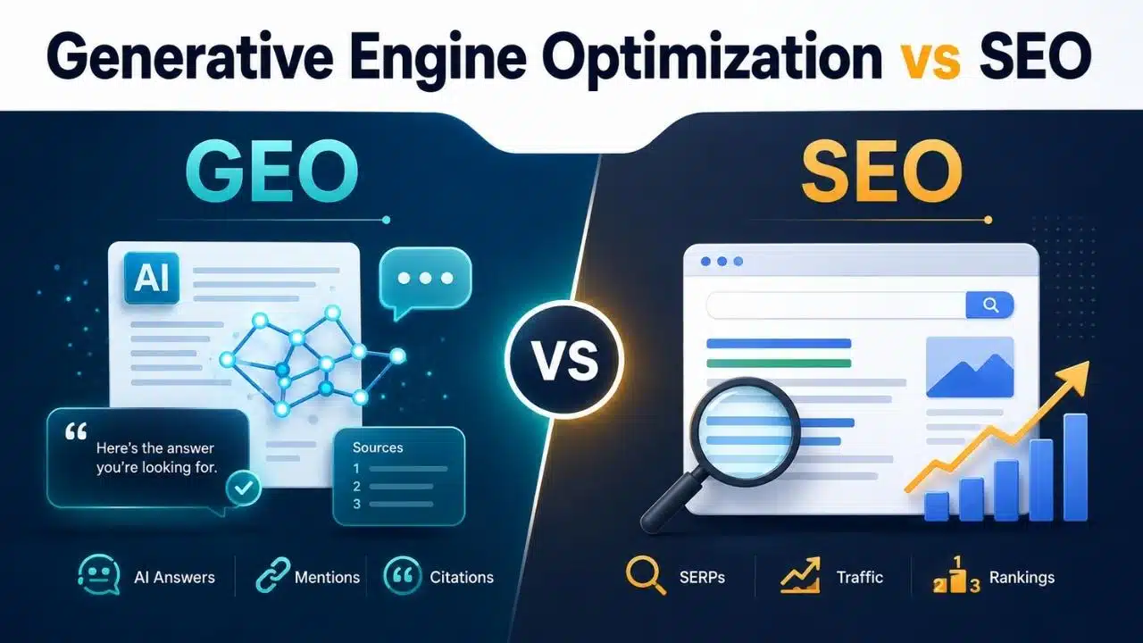 Generative Engine Optimization vs SEO comparison showing GEO focused on AI answers, mentions, and citations, while SEO focuses on search rankings, traffic, and SERP visibility.
