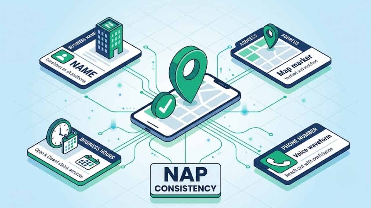 Isometric illustration for local SEO demonstrating NAP consistency (Name, Address, Phone number)