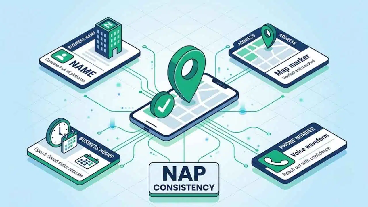 Isometric illustration for local SEO demonstrating NAP consistency (Name, Address, Phone number)
