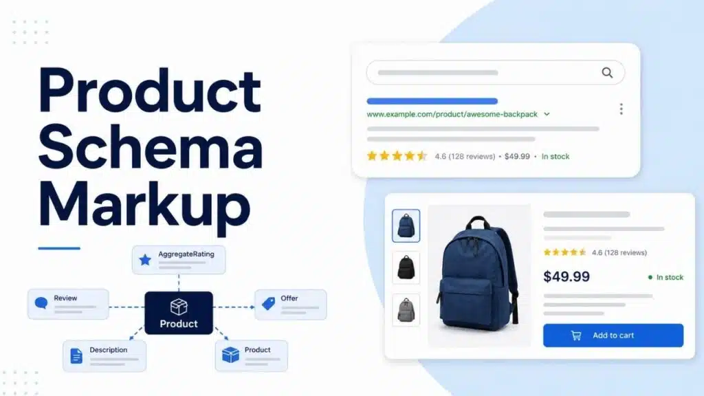 Product Schema Markup infographic showing product structured data connected to reviews, ratings, offers, descriptions, price, and stock information in search results.