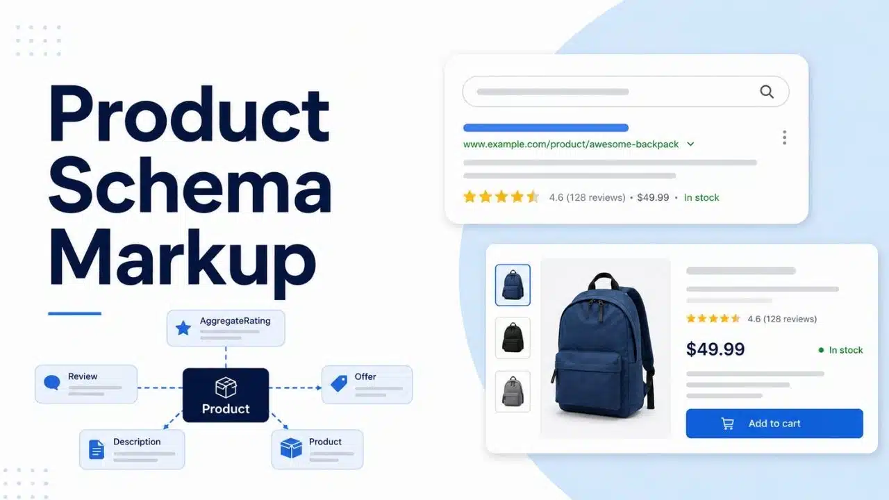 Product Schema Markup infographic showing product structured data connected to reviews, ratings, offers, descriptions, price, and stock information in search results.